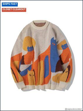 Oversized Crewneck Cat Sweater Color Block Vintage Knit Pullover Christmas Gift